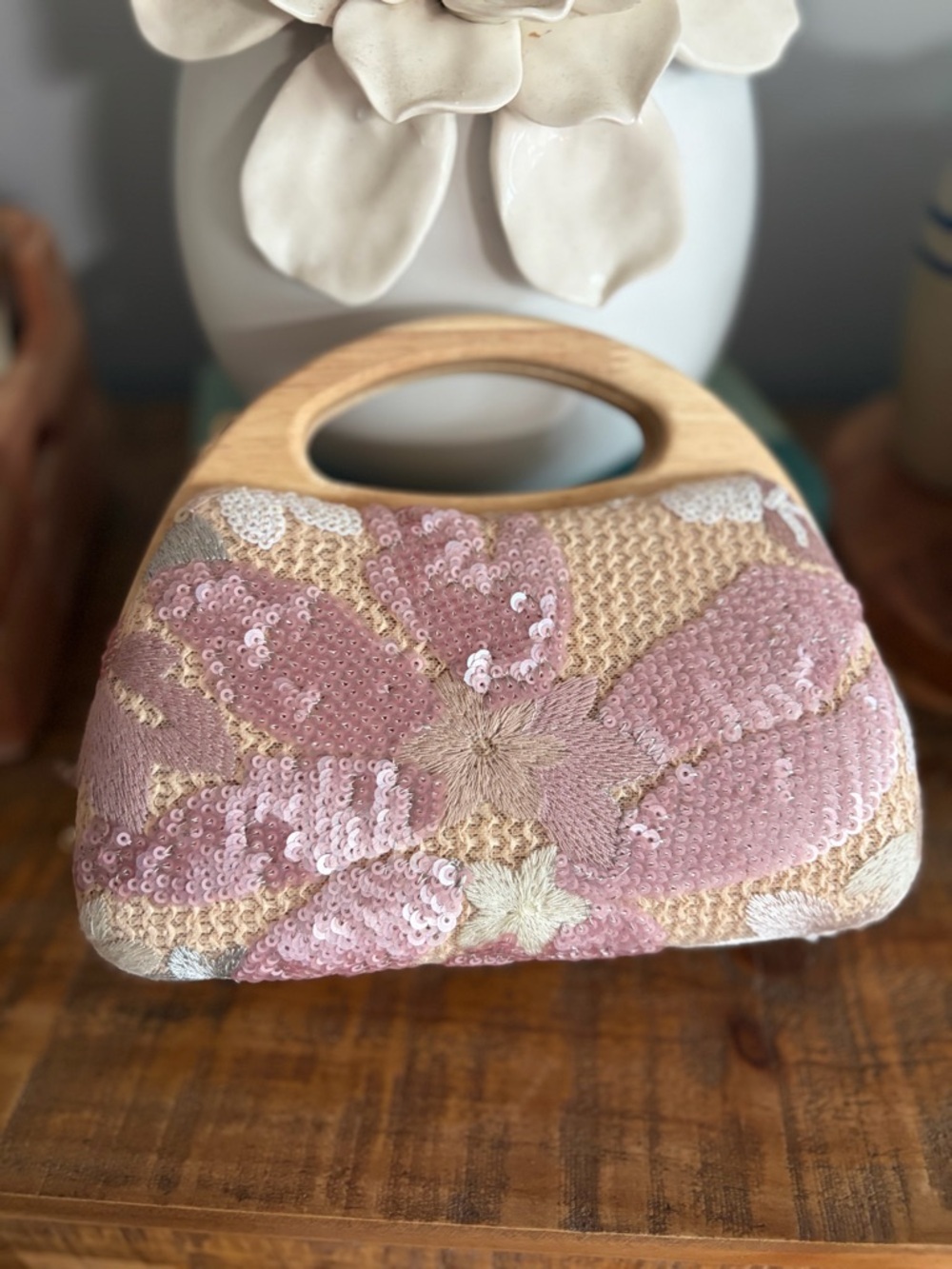 Haute Hippie Floral Sequin Wood Handle Clutch Purse with Chain Strap
